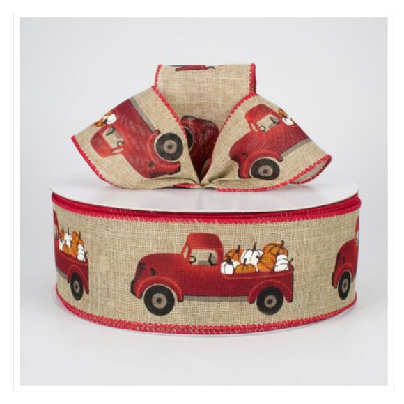 2.5 Inch Fall Harvest Ribbon - Red Truck with Pumpkins Burlap Wired Ribbon - Picture 1 of 3